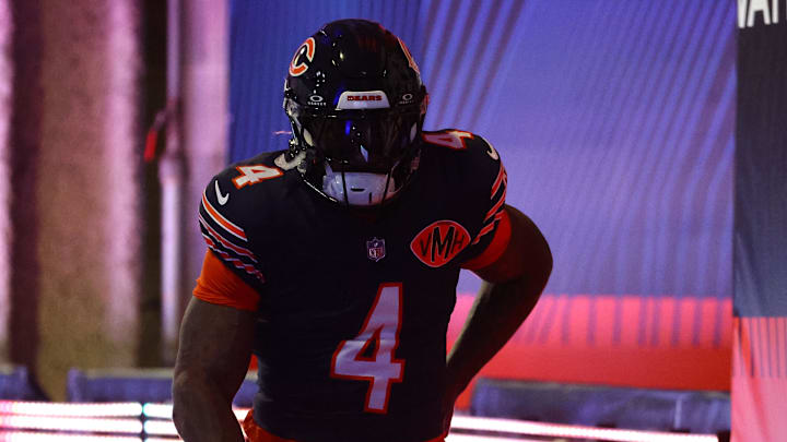 Oct 19, 2025; Chicago, Illinois, USA; Chicago Bears running back D'Andre Swift (4) takes the field before the game against the New Orleans Saints at Soldier Field. Mandatory Credit: Mike Dinovo-Imagn Images