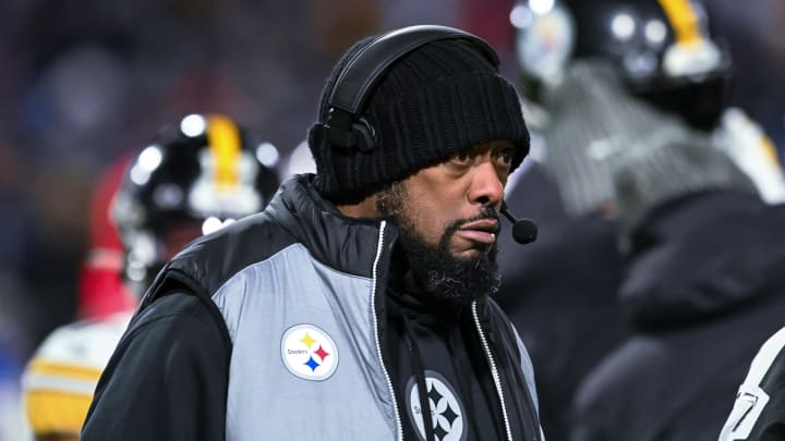 Jan 15, 2024; Orchard Park, New York, USA; Pittsburgh Steelers head coach Mike Tomlin on the sidelines in the third quarter of a 2024 AFC wild card game against the Buffalo Bills at Highmark Stadium. Mandatory Credit: Mark Konezny-USA TODAY Sports