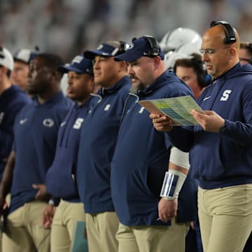 Penn State football coach James Franklin looks on in the first half against the Notre Dame Fighting Irish in the Orange Bowl at Hard Rock Stadium.
