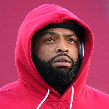 Oct 19, 2025; Santa Clara, California, USA; San Francisco 49ers offensive tackle Trent Williams (71) before the game against the Atlanta Falcons at Levi's Stadium. Mandatory Credit: Darren Yamashita-Imagn Images