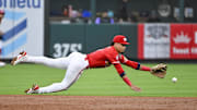 Aug 7, 2024; St. Louis, Missouri, USA;  St. Louis Cardinals shortstop Masyn Winn (0) dives but is unable to field a ground ball against the Tampa Bay Rays during the third inning at Busch Stadium. Mandatory Credit: Jeff Curry-Imagn Images