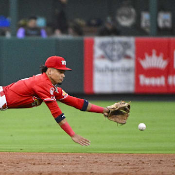 Aug 7, 2024; St. Louis, Missouri, USA;  St. Louis Cardinals shortstop Masyn Winn (0) dives but is unable to field a ground ball against the Tampa Bay Rays during the third inning at Busch Stadium. Mandatory Credit: Jeff Curry-Imagn Images