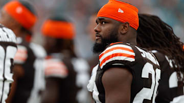 Cleveland Browns running back Pierre Strong Jr. (20) during the National Anthem before the game against the Jacksonville Jaguars at EverBank Stadium.