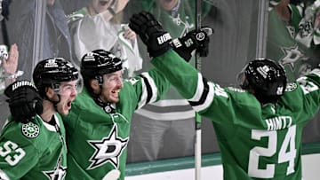 May 3, 2025; Dallas, Texas, USA; Dallas Stars center Wyatt Johnston (53) and center Matt Duchene (95) and center Roope Hintz (24) celebrate Johnston scoring the game winning goal against the Colorado Avalanche during the third period in game seven of the first round of the 2025 Stanley Cup Playoffs at American Airlines Center. Mandatory Credit: Jerome Miron-Imagn Images