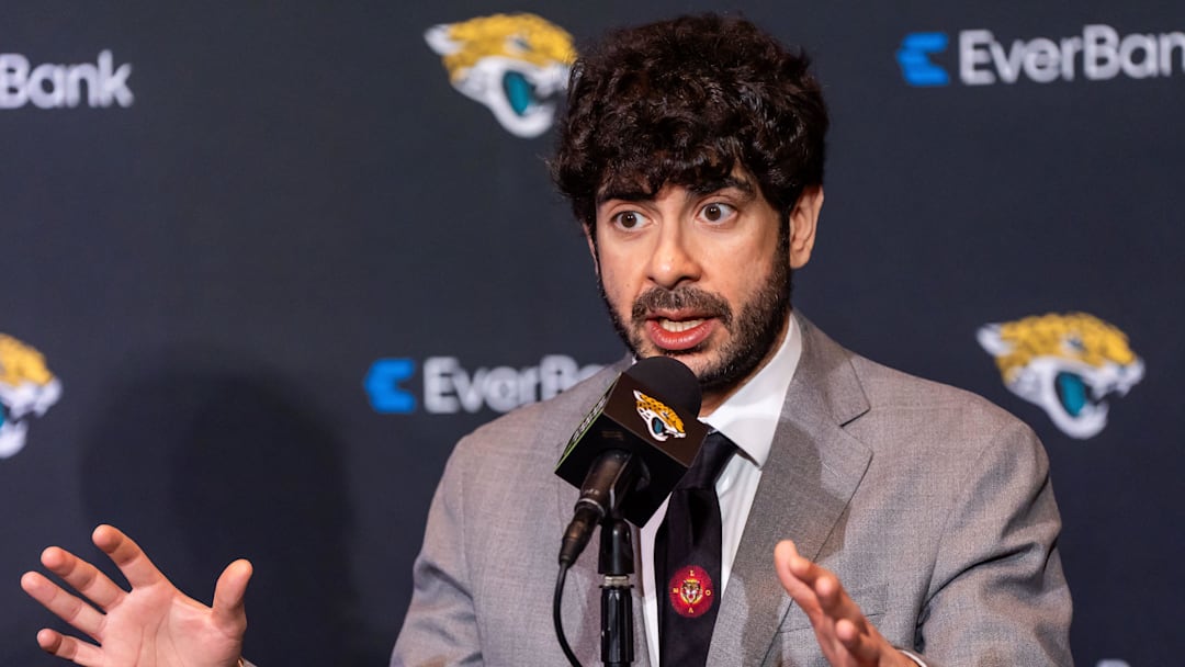 Director of Football Strategy Tony Khan for the Jacksonville Jaguars answered questions during the press conference where they announced James Gladstone as the general manager Monday morning February 24, 2025 at the Miller Electric Center in Jacksonville, Fla. [Doug Engle/Florida Times-Union]2025