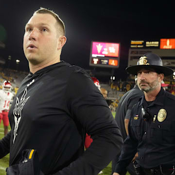 ASU Sun Devils head coach Kenny Dillingham walks off the field after a 24-16 loss to the Houston Cougars at Mountain America Stadium in Tempe on Oct. 25, 2025.