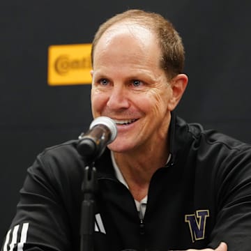 Nov 17, 2023; Las Vegas, Nevada, USA; Washington Huskies head coach Mike Hopkins answers questions after the Huskies defeated the Xavier Musketeers 74-71at T-Mobile Arena. Mandatory Credit: Stephen R. Sylvanie-Imagn Images