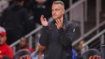Oct 22, 2025; Atlanta, Georgia, USA; Toronto Raptors Toronto Raptors head coach Darko Rajakovic on the sideline against the Atlanta Hawks in the first quarter at State Farm Arena. Mandatory Credit: Brett Davis-Imagn Images