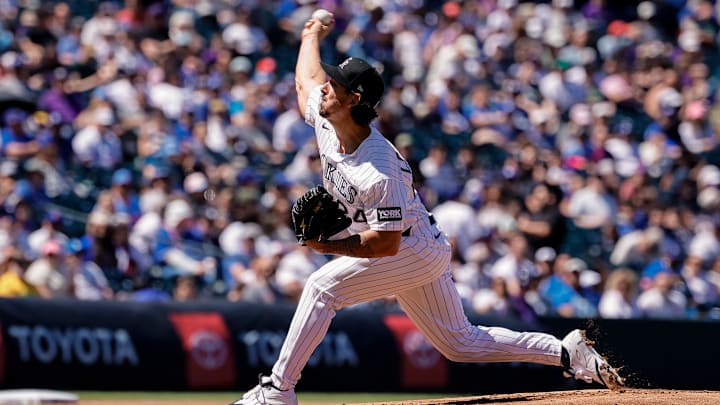 Apr 19, 2026; Denver, Colorado, USA; Colorado Rockies starting pitcher Michael Lorenzen (24) pitches in the first inning against the Los Angeles Dodgers at Coors Field. Mandatory Credit: Isaiah J. Downing-Imagn Images