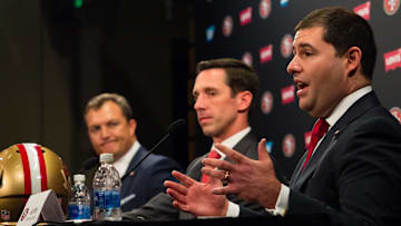 San Francisco 49ers chief executive officer Jed York address the media with general manager John Lynch and head coach Kyle Shanahan