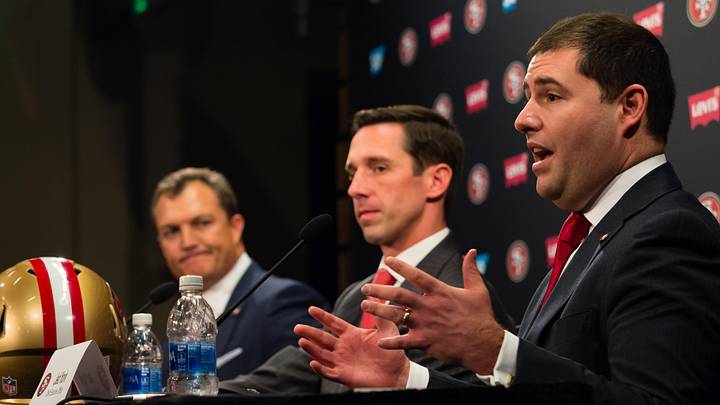 San Francisco 49ers chief executive officer Jed York address the media with general manager John Lynch and head coach Kyle Shanahan