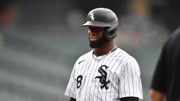 Jul 30, 2025; Chicago, Illinois, USA; Chicago White Sox center fielder Luis Robert Jr. (88) smiles after hitting a single during the second inning against the Philadelphia Phillies at Rate Field. Mandatory Credit: Patrick Gorski-Imagn Images