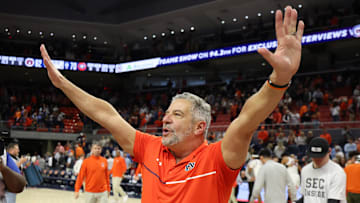 Feb 22, 2025; Auburn, Alabama, USA;  Auburn Tigers head coach Bruce Pearl celebrates the win after the game against the Georgia Bulldogs at Neville Arena. Mandatory Credit: John Reed-Imagn Images