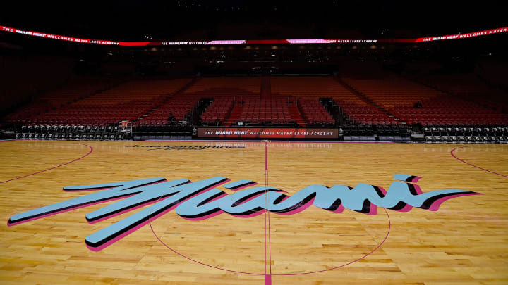Nov 9, 2018; Miami, FL, USA; A detailed view of the special Miami Heat Vice Nights logo on the court prior to the game between the between the Miami Heat and the Indiana Pacers at American Airlines Arena. Mandatory Credit: Jasen Vinlove-USA TODAY Sports