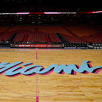 Nov 9, 2018; Miami, FL, USA; A detailed view of the special Miami Heat Vice Nights logo on the court prior to the game between the between the Miami Heat and the Indiana Pacers at American Airlines Arena. Mandatory Credit: Jasen Vinlove-Imagn Images