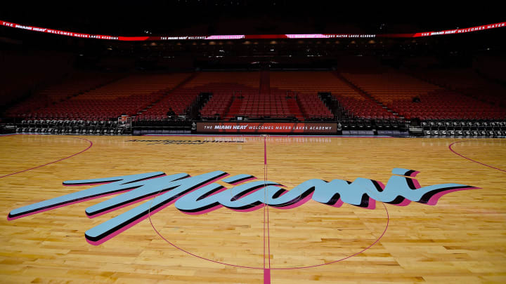 Nov 9, 2018; Miami, FL, USA; A detailed view of the special Miami Heat Vice Nights logo on the court prior to the game between the between the Miami Heat and the Indiana Pacers at American Airlines Arena. Mandatory Credit: Jasen Vinlove-USA TODAY Sports