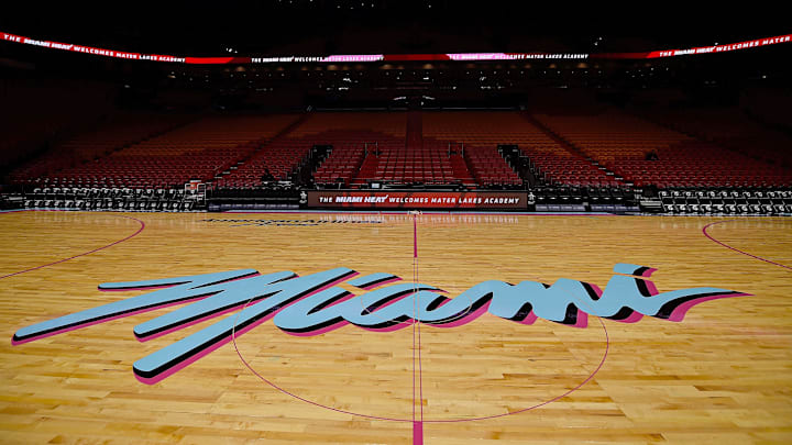 Nov 9, 2018; Miami, FL, USA; A detailed view of the special Miami Heat Vice Nights logo on the court prior to the game between the between the Miami Heat and the Indiana Pacers at American Airlines Arena. Mandatory Credit: Jasen Vinlove-Imagn Images