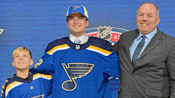 Jul 7, 2022; Montreal, Quebec, CANADA; Jimmy Snuggerud after being selected as the number twenty-three overall pick to the St. Louis Blues in the first round of the 2022 NHL Draft at Bell Centre. Mandatory Credit: Eric Bolte-Imagn Images