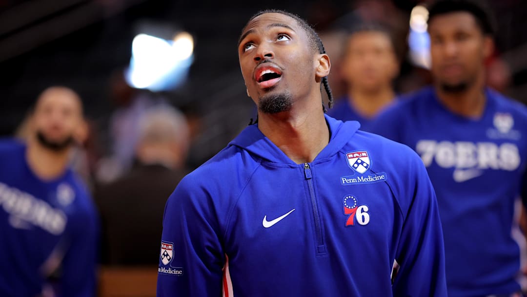 Apr 9, 2026; Houston, Texas, USA; Philadelphia 76ers guard Tyrese Maxey (0) warms up prior to the game against the Houston Rockets at Toyota Center. Mandatory Credit: Erik Williams-Imagn Images
