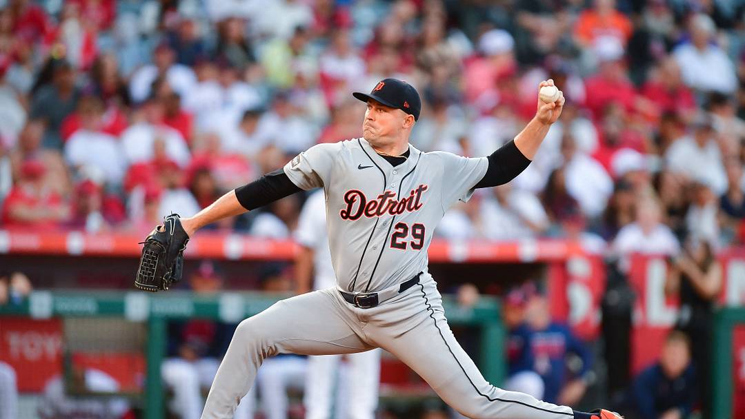 Jul 18, 2026; Anaheim, California, USA; Detroit Tigers pitcher Tarik Skubal (29) throws against the Los Angeles Angels during the first inning at Angel Stadium. Mandatory Credit: Gary A. Vasquez-Imagn Images