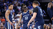 Mar 22, 2023; Memphis, Tennessee, USA; Memphis Grizzlies guard Ja Morant (12) reacts with forward Kenneth Lofton Jr. (6) during the first half against the Houston Rockets at FedExForum. Mandatory Credit: Petre Thomas-Imagn Images