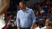 Jan 11, 2025; Oxford, Mississippi, USA; Mississippi Rebels head coach Chris Beard looks on during the second half against the LSU Tigers at The Sandy and John Black Pavilion at Ole Miss. Mandatory Credit: Petre Thomas-Imagn Images
