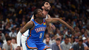 Apr 24, 2025; Memphis, Tennessee, USA; Oklahoma City Thunder forward Jalen Williams (8) and Memphis Grizzlies forward Santi Aldama (7) battle for position during the second quarter during game three for the first round of the 2025 NBA Playoffs at FedExForum. Mandatory Credit: Petre Thomas-Imagn Images