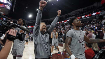 Feb 21, 2024; Starkville, Mississippi, USA; Mississippi State Bulldogs head coach Chris Jans (left)