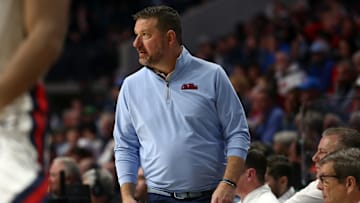 Jan 11, 2025; Oxford, Mississippi, USA; Mississippi Rebels head coach Chris Beard looks on during the second half against the LSU Tigers at The Sandy and John Black Pavilion at Ole Miss. Mandatory Credit: Petre Thomas-Imagn Images