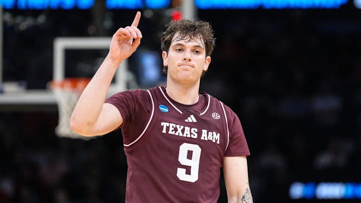 Texas A&M guard Ruben Dominguez (9) celebrates a 3-pointer in the first half during a first round men’s basketball game of the NCAA Tournament between St. Mary's and Texas A&M, at Paycom in Oklahoma City on Thursday, March 19, 2026.