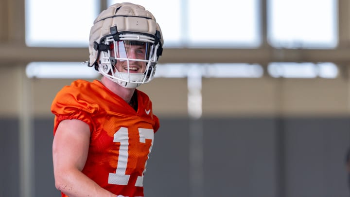 Gavin Freeman (17) runs drills during an Oklahoma State football practice in Stillwater, Okla., on Wednesday, July 31, 2024.