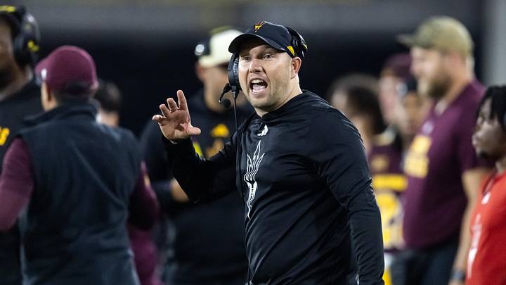 Nov 28, 2025; Tempe, Arizona, USA; Arizona State Sun Devils head coach Kenny Dillingham reacts against the Arizona Wildcats during the 99th Territorial Cup at Mountain America Stadium. Mandatory Credit: Mark J. Rebilas-Imagn Images