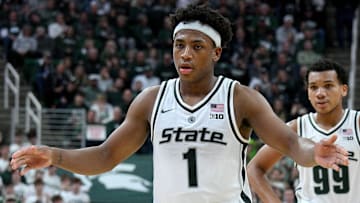 Dec 2, 2025; East Lansing, Michigan, USA;  Michigan State Spartans guard Jeremy Fears Jr. (1) against the Iowa Hawkeyes at Jack Breslin Student Events Center. Mandatory Credit: Dale Young-Imagn Images