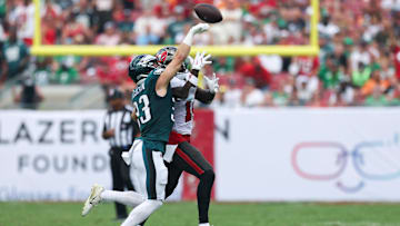 Sep 28, 2025; Tampa, Florida, USA; Philadelphia Eagles cornerback Cooper Dejean (33) tips a pass during the first quarter against Tampa Bay Buccaneers at Raymond James Stadium. Mandatory Credit: Nathan Ray Seebeck-Imagn Images