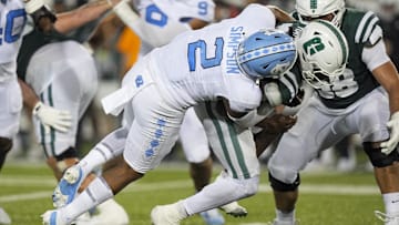Sep 6, 2025; Charlotte, North Carolina, USA; Charlotte 49ers quarterback Conner Harrell (15) is tackled by North Carolina Tar Heels linebacker Andrew Simpson (2) for a sack during the second half at Jerry Richardson Stadium. Mandatory Credit: Jim Dedmon-Imagn Images