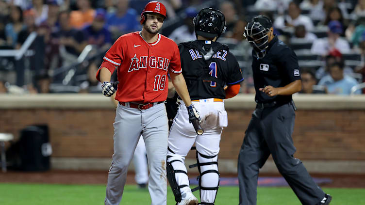 Aug 25, 2023; New York City, New York, USA; Los Angeles Angels first baseman Nolan Schanuel (18)