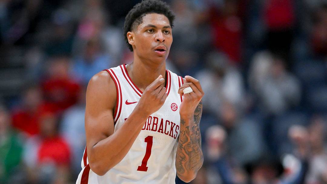 Mar 14, 2026; Nashville, TN, USA;  Arkansas Razorbacks guard Meleek Thomas (1) reacts after a made three point basket during the second half at Bridgestone Arena. Mandatory Credit: Steve Roberts-Imagn Images