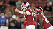 Sep 13, 2025; Stanford, California, USA; Stanford Cardinal quarterback Ben Gulbranson (center) gestures during the second quarter against the Boston College Eagles at Stanford Stadium. Mandatory Credit: Darren Yamashita-Imagn Images