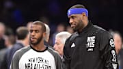 February 15, 2015; New York, NY, USA; (EDITORS NOTE: caption correction) Eastern Conference forward LeBron James of the Cleveland Cavaliers (23) and Eastern Conference guard Chris Paul of the Los Angeles Clippers (left) before the 2015 NBA All-Star Game at Madison Square Garden. Mandatory Credit: Brad Penner-Imagn Images