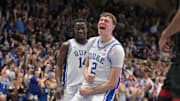 Feb 15, 2025; Durham, North Carolina, USA;  Duke Blue Devils forward Cooper Flagg (2) celebrating after dunking against the Stanford Cardinal during the second half at Cameron Indoor Stadium. Mandatory Credit: Zachary Taft-Imagn Images