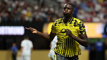 Jul 1, 2025; Atlanta, Georgia, USA; Borussia Dortmund forward Serhou Guirassy (9) reacts after scoring against against CF Monterrey in the first half during a round of 16 match of the 2025 FIFA Club World Cup at Mercedes-Benz Stadium. Mandatory Credit: Brett Davis-Imagn Images