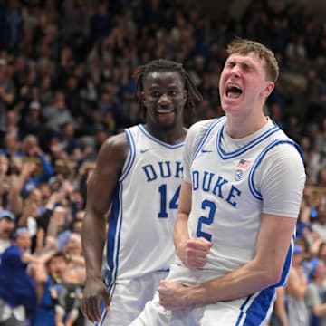 Feb 15, 2025; Durham, North Carolina, USA;  Duke Blue Devils forward Cooper Flagg (2) celebrating after dunking against the Stanford Cardinal during the second half at Cameron Indoor Stadium. Mandatory Credit: Zachary Taft-Imagn Images