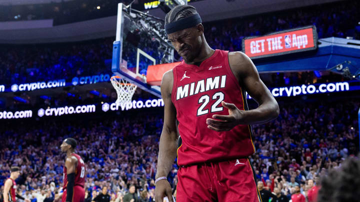 Apr 17, 2024; Philadelphia, Pennsylvania, USA; Miami Heat forward Jimmy Butler (22) reacts vs. the Philadelphia 76ers.