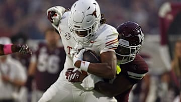 Texas Longhorns wide receiver Ryan Wingo (1) runs after a catch as Mississippi State Bulldogs defensive back Jahron Manning (13), Oct. 25, 2025 at Davis Wade Stadium in Starkville, Mississippi. 