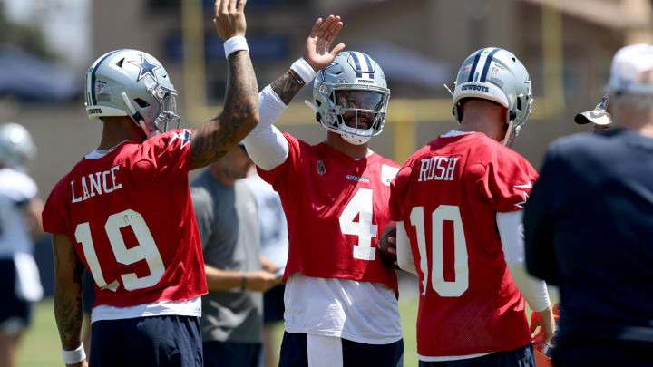 Jul 26, 2024; Oxnard, CA, USA; Dallas Cowboys quarterback Dak Prescott (4) stretches during training camp at the River Ridge Playing Fields in Oxnard, California.