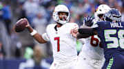 Nov 9, 2025; Seattle, Washington, USA;  Arizona Cardinals quarterback Jacoby Brissett (7) throws a pass during the fourth quarter against the Seattle Seahawks at Lumen Field. Mandatory Credit: Kevin Ng-Imagn Images