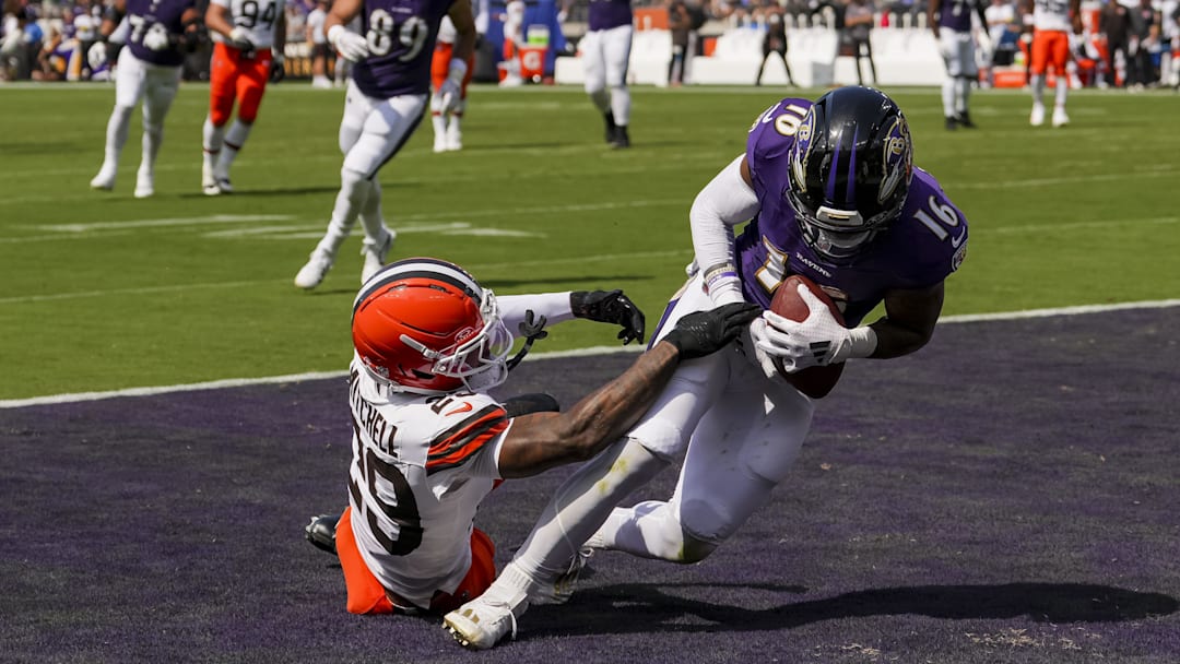 Sep 14, 2025; Baltimore, Maryland, USA; Baltimore Ravens wide receiver Tylan Wallace (16) makes a touchdown catch during the second quarter at M&T Bank Stadium. Mandatory Credit: Mitch Stringer-Imagn Images Sep 14, 2025; Baltimore, Maryland, USA; Baltimore Ravens wide receiver Tylan Wallace (16) makes a touchdown catch during the second quarter at M&T Bank Stadium. Mandatory Credit: Mitch Stringer-Imagn Images