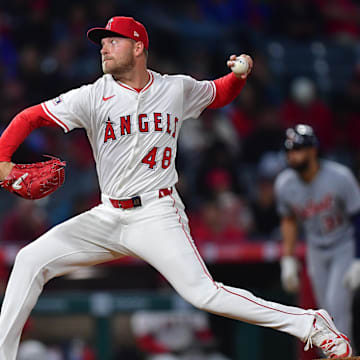 May 1, 2025; Anaheim, California, USA; Los Angeles Angels pitcher Reid Detmers (48) throws against the Detroit Tigers during the eighth inning at Angel Stadium. Mandatory Credit: Gary A. Vasquez-Imagn Images