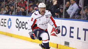 Mar 5, 2025; New York, New York, USA;  Washington Capitals left wing Alex Ovechkin (8) celebrates after scoring a goal in the third period against the New York Rangers at Madison Square Garden. Mandatory Credit: Wendell Cruz-Imagn Images