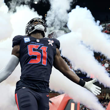 Dec 25, 2024; Houston, Texas, USA;  Houston Texans defensive end Will Anderson Jr. (51) runs onto the field before the game against the Baltimore Ravens at NRG Stadium. Mandatory Credit: Troy Taormina-Imagn Images